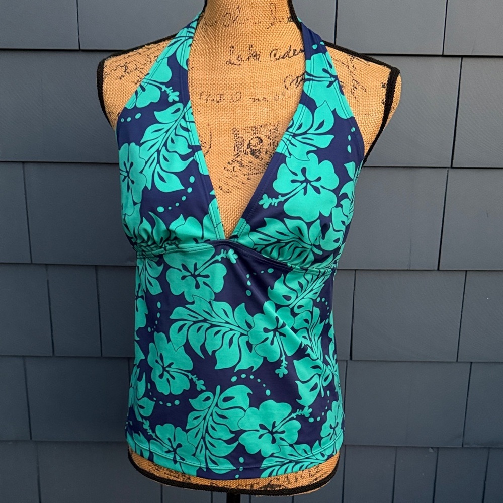 Islander Teal and Navy Floral Halter Swim Coverup